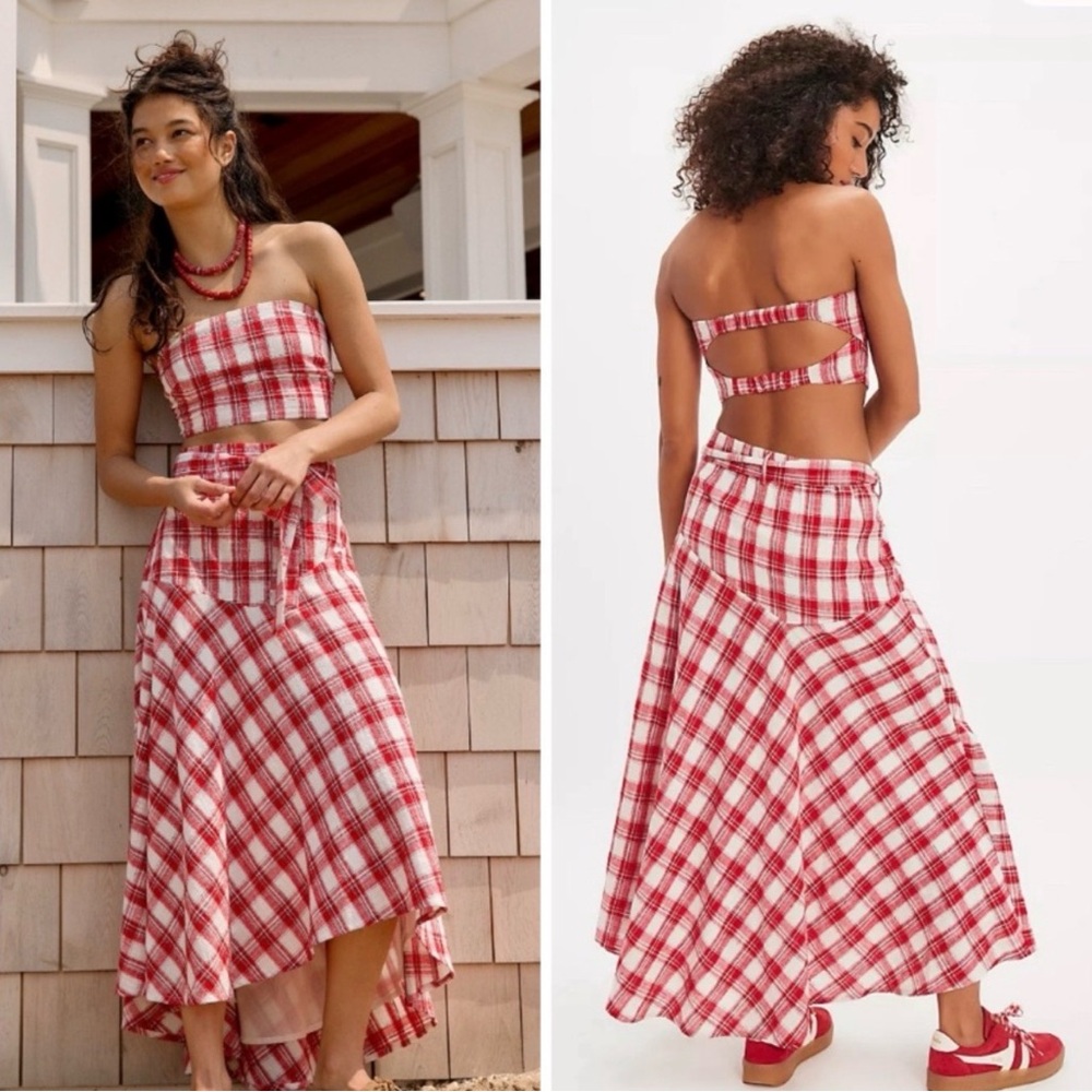 Red Plaid High-Low Midi Skirt and crop top set- free people